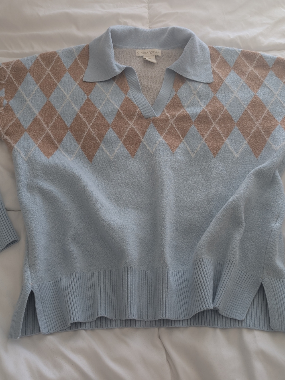 Cynthia Rowley Light Blue Argyle Polo-Style Sweater